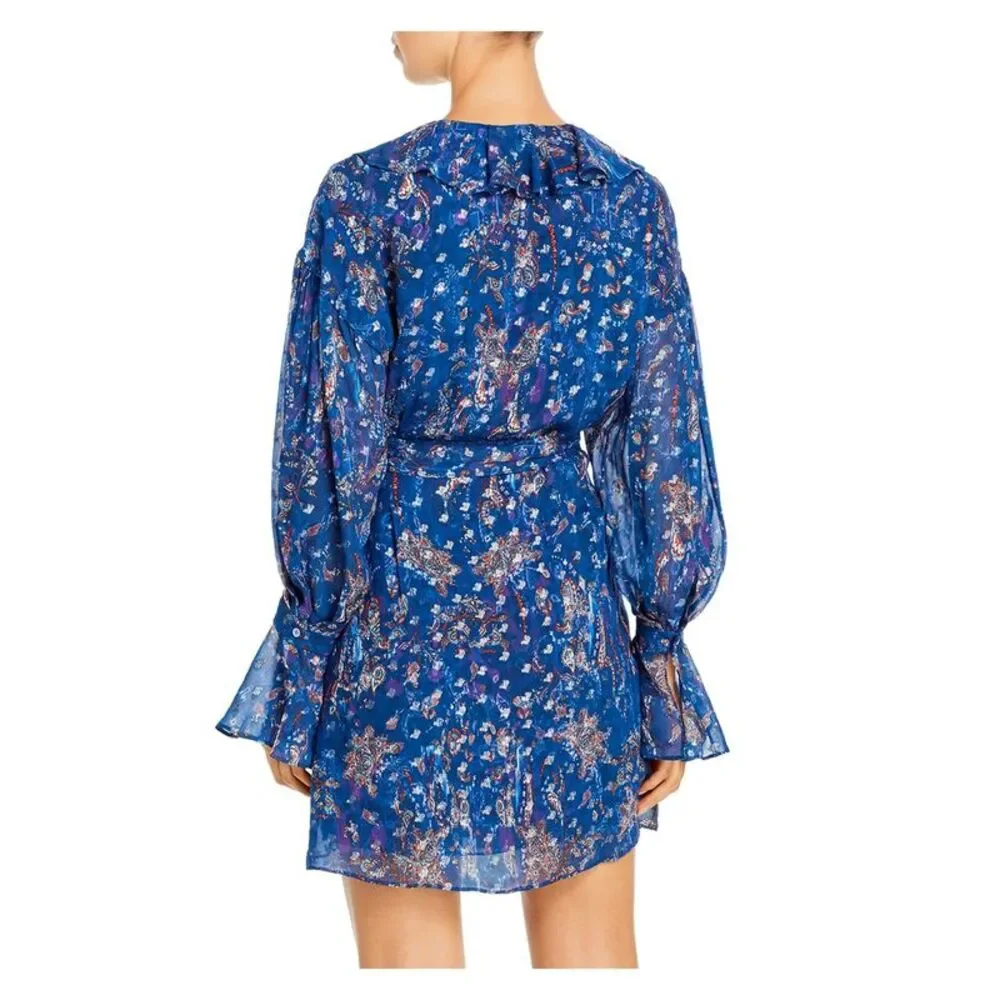IRO Womens Blue Paisley Long Sleeve Surplice Neckline Short Wrap Dress 36 - Picture 2 of 2